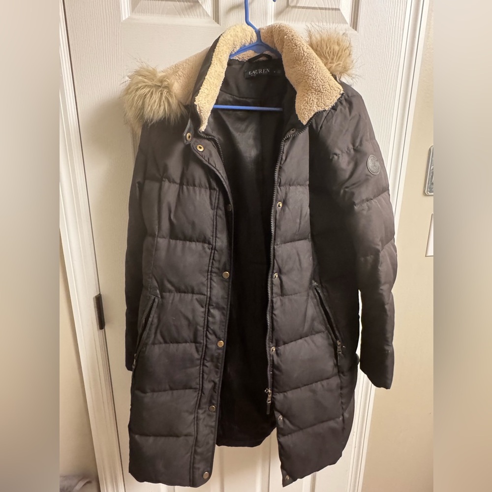 Lauren Ralph Lauren Dark Brown Puffer Coat with Faux Fur Trim